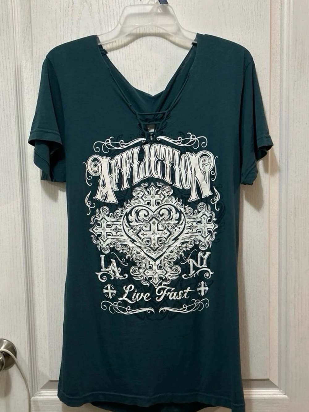 Affliction Women's Teal Lace-Up Graphic Tee with White Print Size: XL